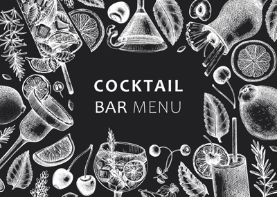 Alcoholic cocktails background on chalkboard. Glass of margarita, mojito, Pina colada, cosmopolitan, tequila sunrise design. Hand-sketched cocktails engraved drawings. Vector drinks illustration